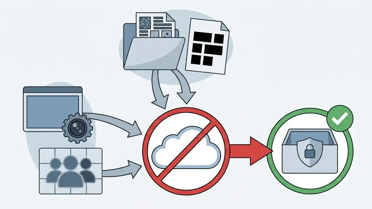 Documents and screen data being diverted away from a cloud icon toward a secure locked storage container