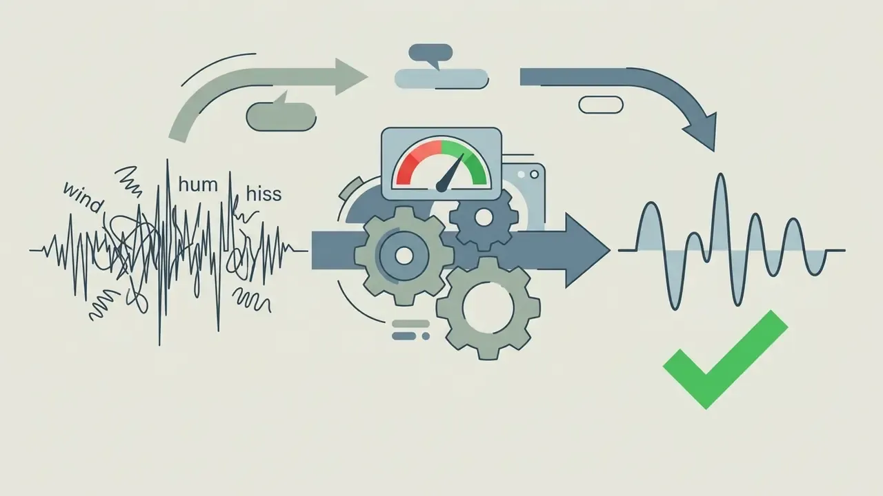 Gears and a gauge processing noisy audio waveforms into a clean signal within the CapCut video editor