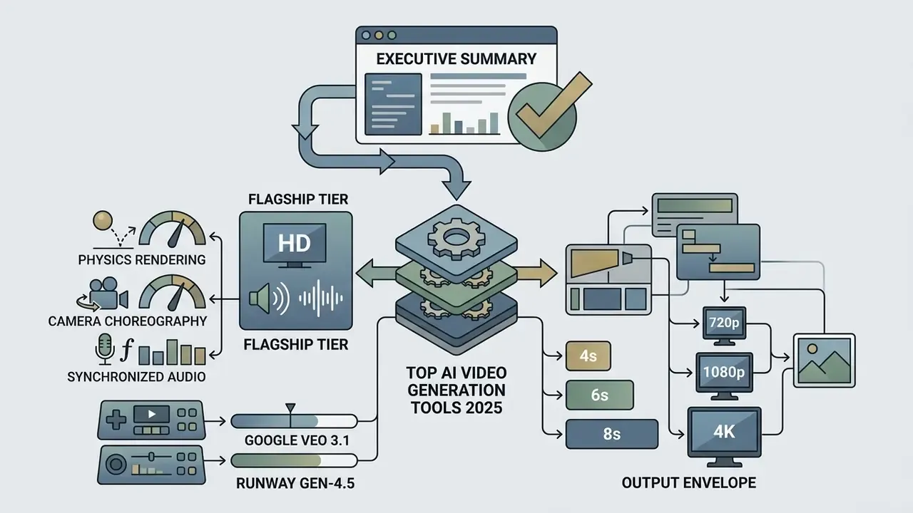 Diagram mapping technical capabilities and output specifications for top AI video generation tools 2025