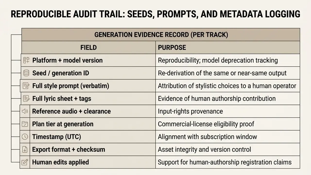 Table listing generation evidence record fields and their purposes for tracking music metadata