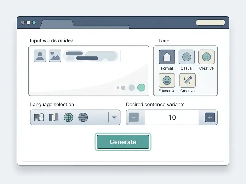 Web interface with fields for text input, tone selection, language settings, and a generate button