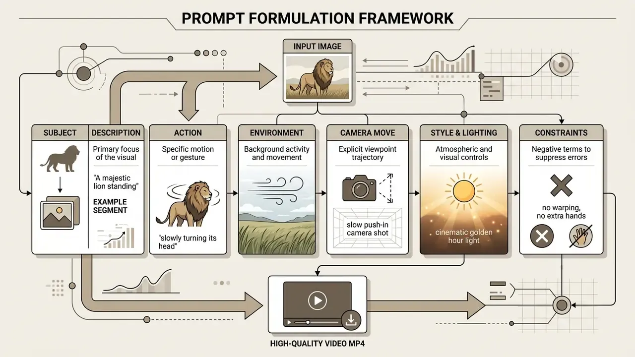 Structured diagram outlining the components needed to create a prompt for image to video AI generation