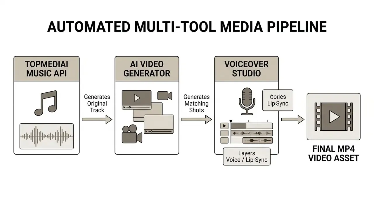 Workflow showing music generation, video creation, and voiceover layering into a final MP4 video asset