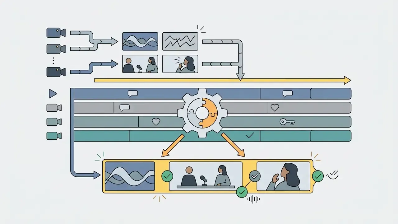 Multiple camera feeds synchronized into a single timeline with gear icon representing editing process