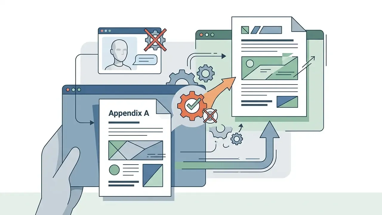 Document marked Appendix A being processed through gears to correct inaccurate digital content