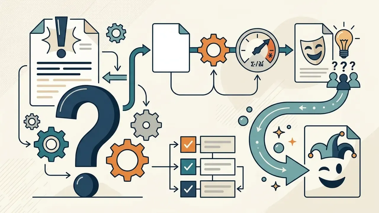 Gears and gauges processing a document into satirical content for a funny AI video generator