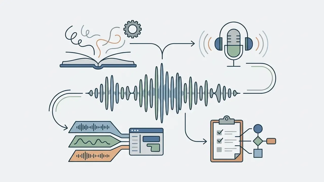 Open book and microphone icons connected to a central sound wave and a task checklist for an AI song creator