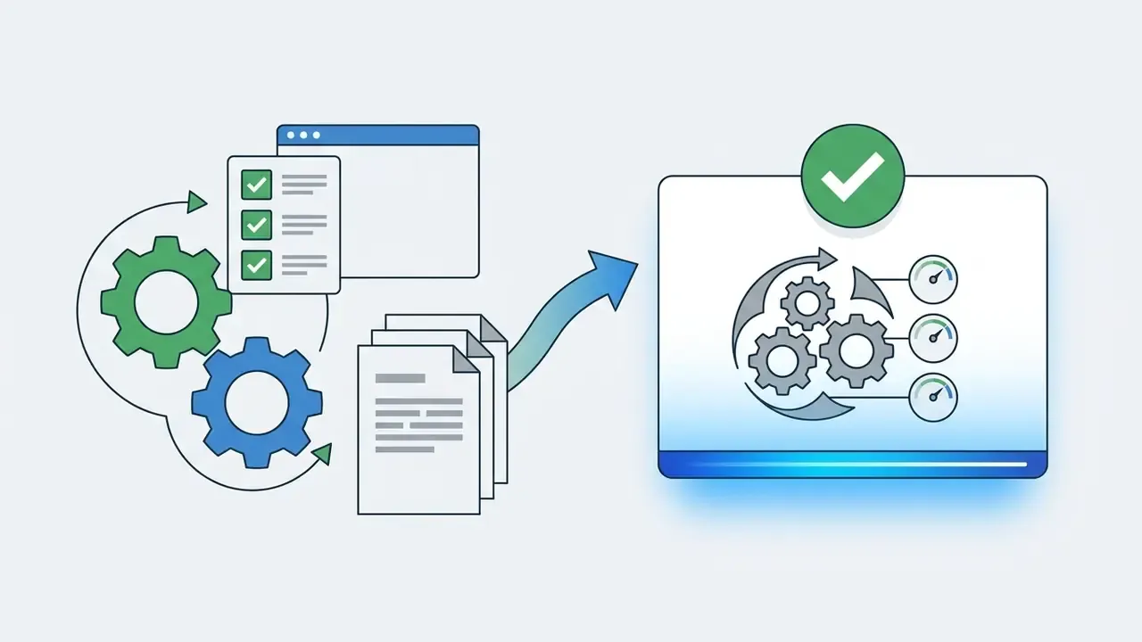 Gears and documents processing into a browser window with a checkmark to represent a streamlined workflow