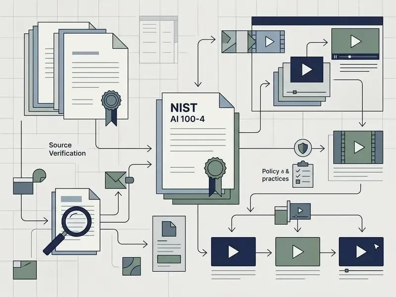 Flowchart connecting source verification documents to NIST AI 100-4 guidelines and video output processes