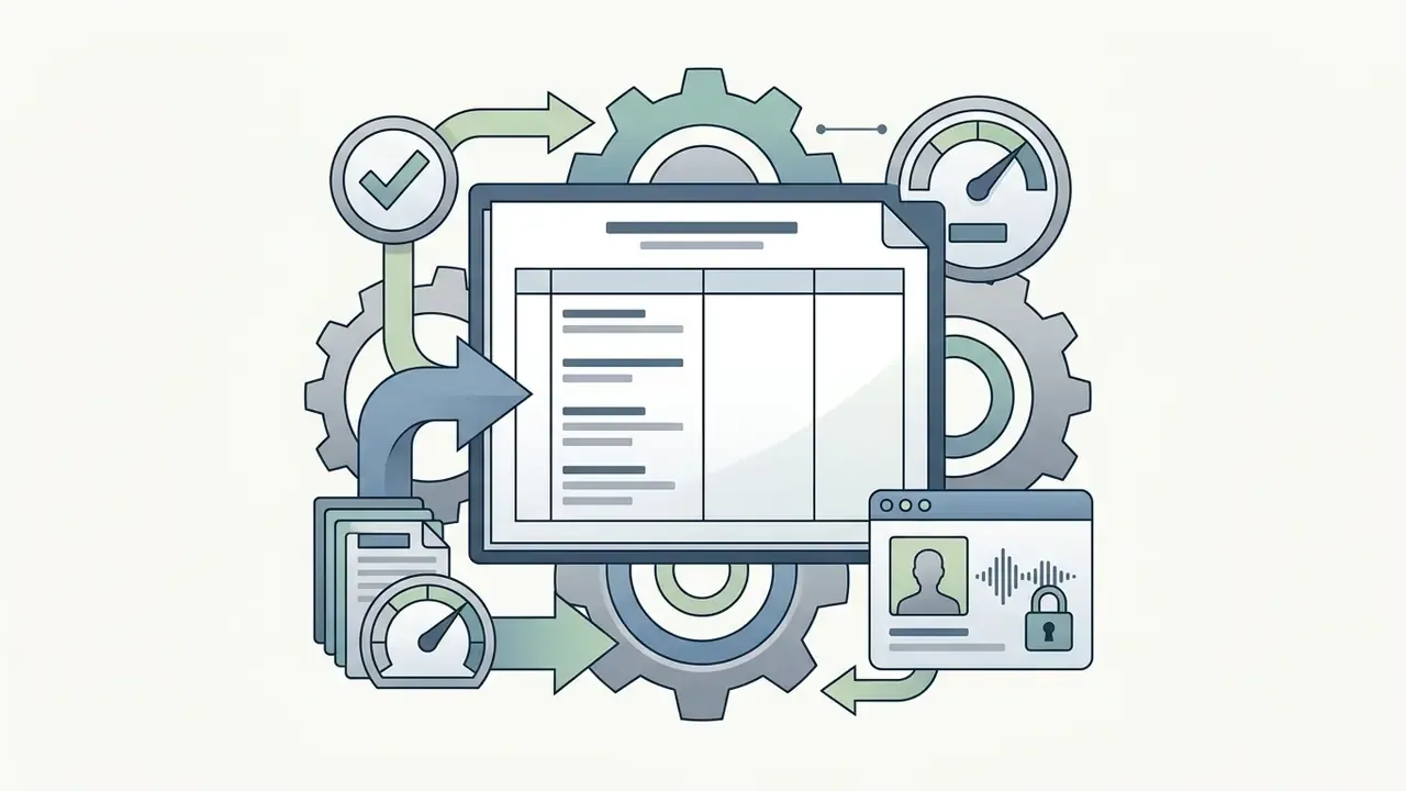 Document table surrounded by gears, gauges, and a user profile icon with a padlock symbol