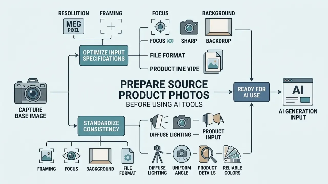 Flowchart detailing technical requirements for optimizing and standardizing product photos for AI generation