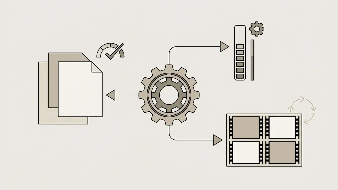 Gear connecting documents, a progress bar, and film strips to represent video editing workflows