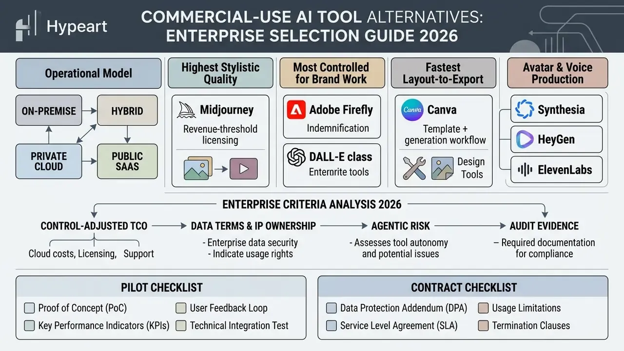 Categorized guide for selecting commercial-use AI tool alternatives based on operational and enterprise needs