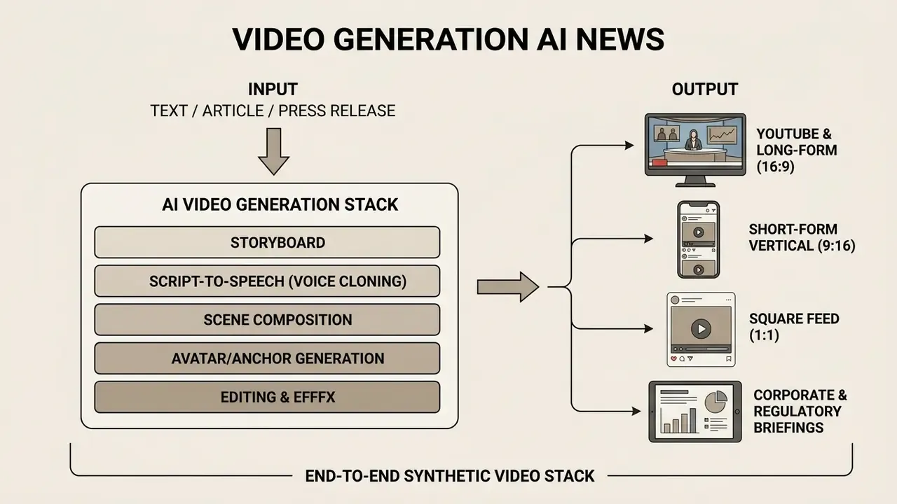 Diagram showing text inputs processed through an AI video generation stack into various media formats