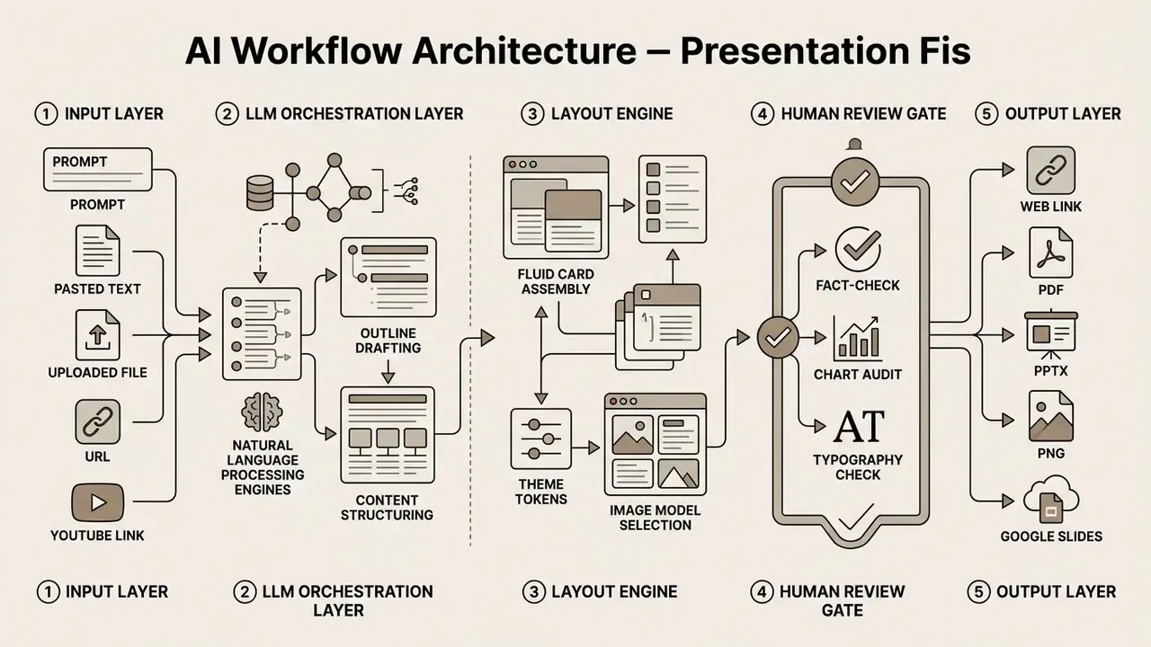 Step-by-step diagram detailing the Gamma AI process from initial input through layout to final export