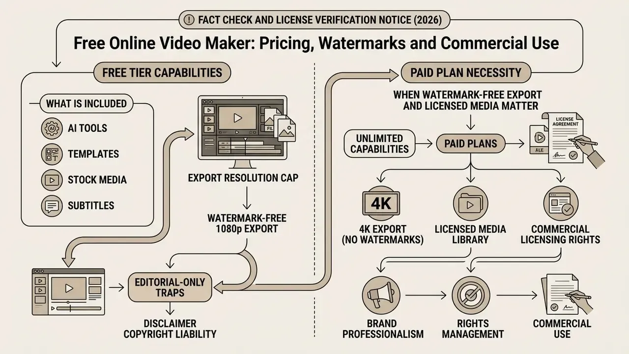 Comparison of free tier features versus paid plan benefits for export quality and commercial licensing