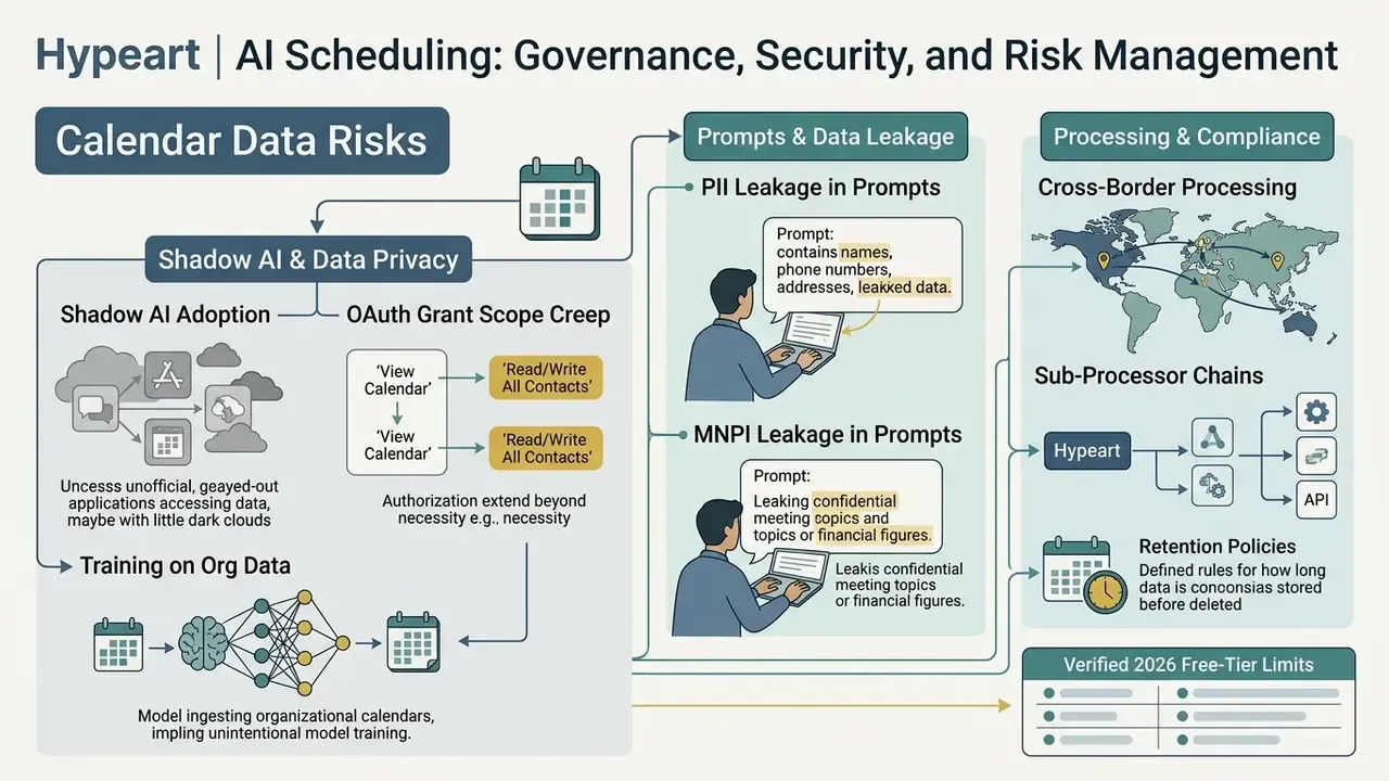 Diagram detailing risks like data leakage, shadow AI, and compliance issues in calendar management systems