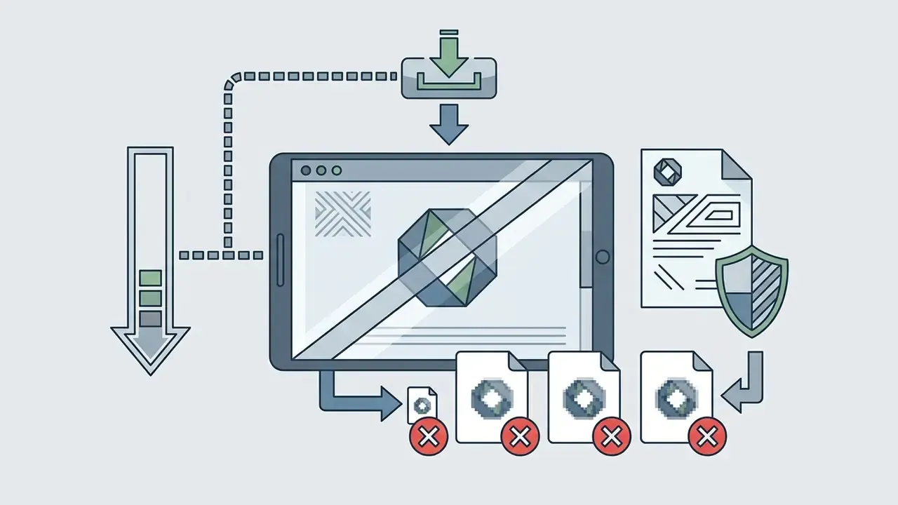 Tablet displaying a watermarked logo with arrows pointing to low resolution files marked with red crosses