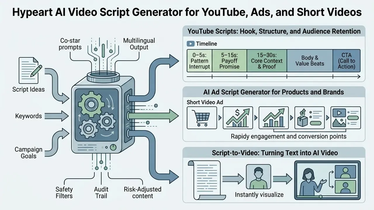 Infographic showing an AI engine processing script ideas into structured video and advertising content