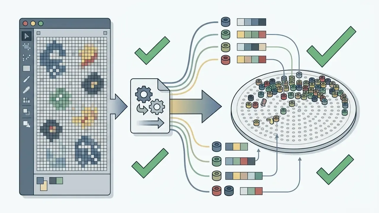 Digital grid patterns being processed and mapped onto circular physical pegboards with color-coded beads