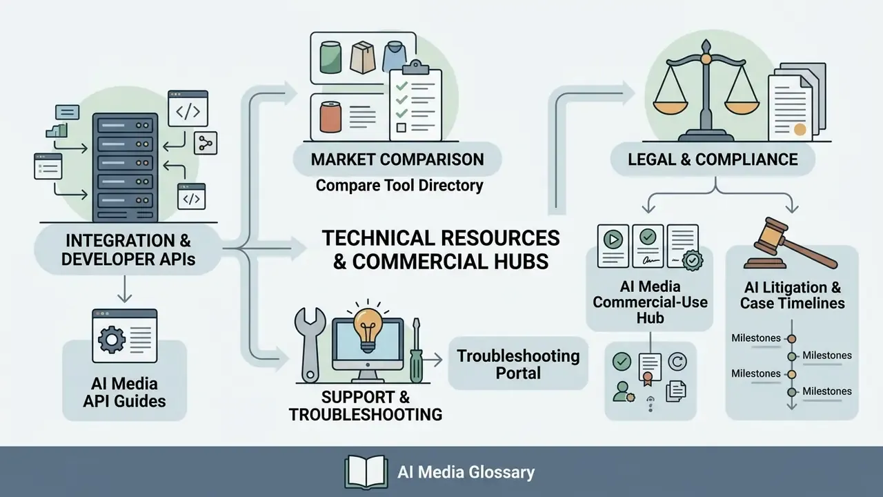 Map of technical resources covering developer APIs, market comparisons, and legal compliance standards