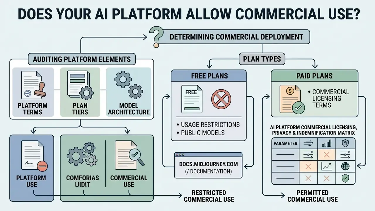 Flowchart showing steps to audit AI platform terms and plan types for commercial use eligibility