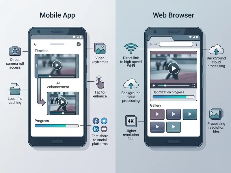Side by side comparison of mobile app and web browser interfaces for AI video enhancement workflows