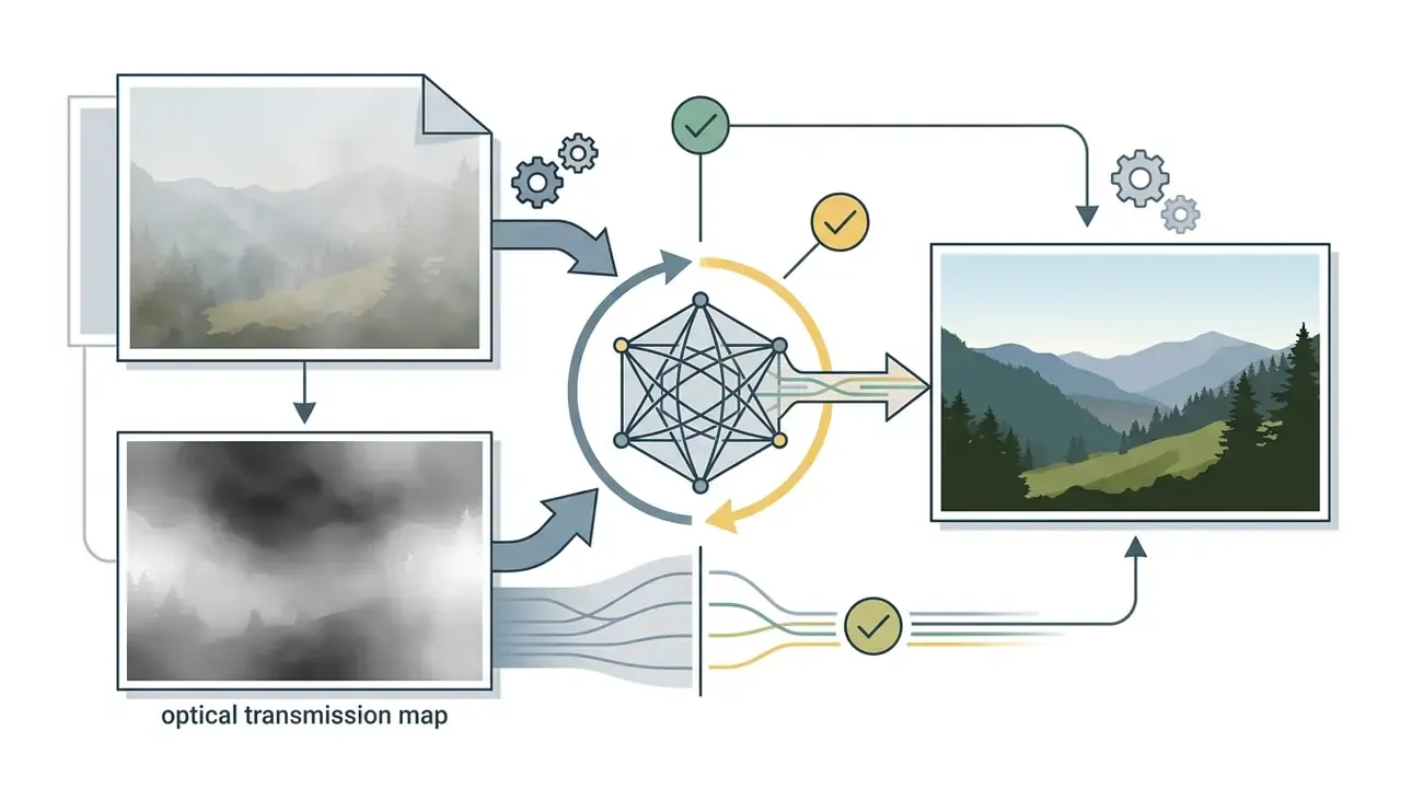 Diagram showing a hazy landscape and transmission map processed by a neural network into a clear image