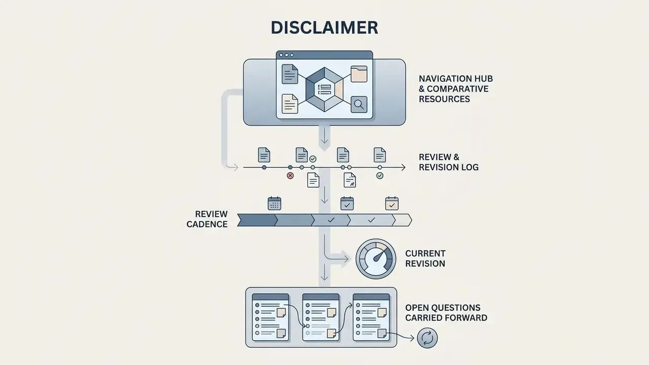 Diagram mapping review logs, cadence, current revision status, and open questions for creative projects