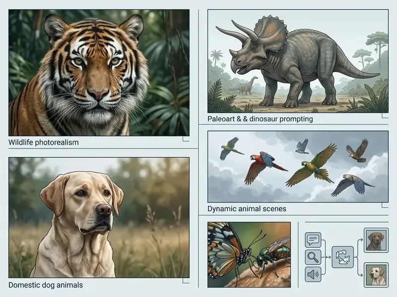 Gallery showing AI generated animal types including a tiger, a triceratops, birds, and a dog