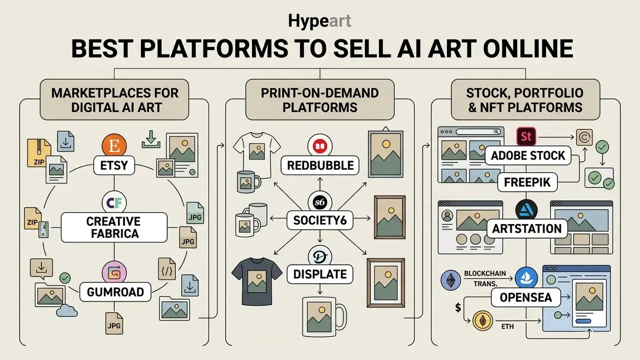 Categorized infographic showing various online marketplaces for digital, print, and stock AI art