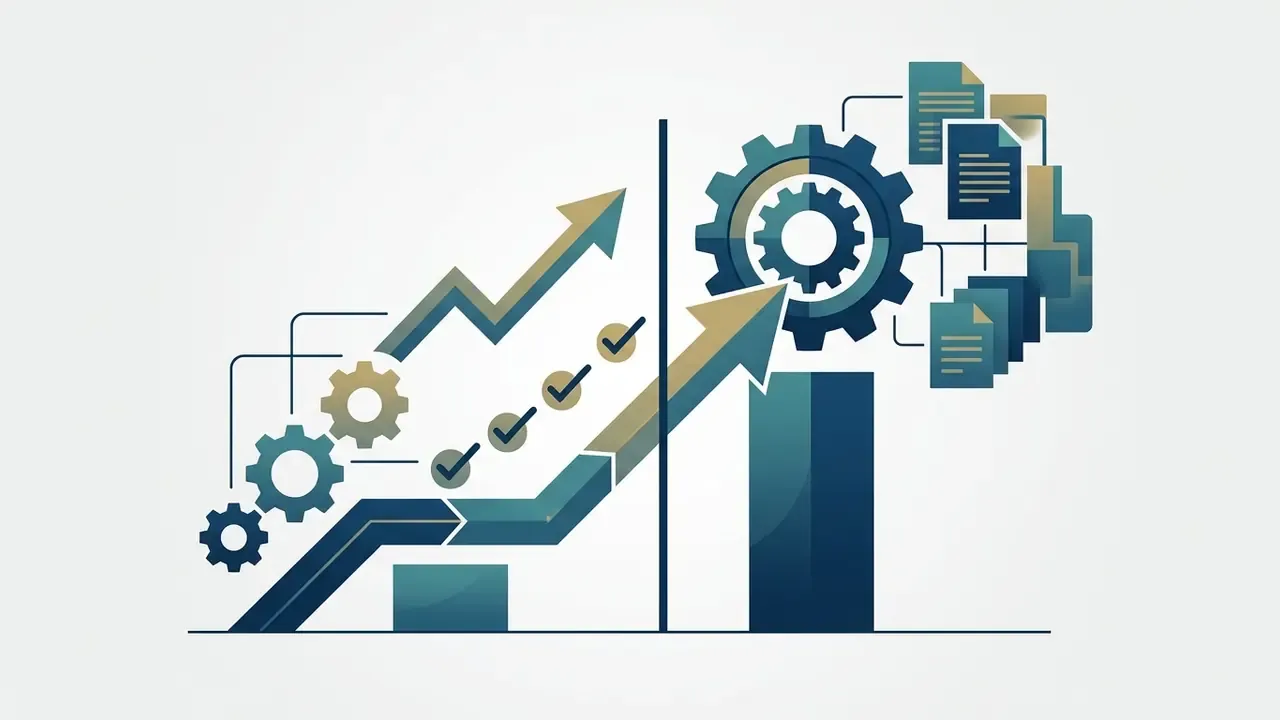 Growth chart showing gears and document icons representing revenue thresholds for a commercial AI media license