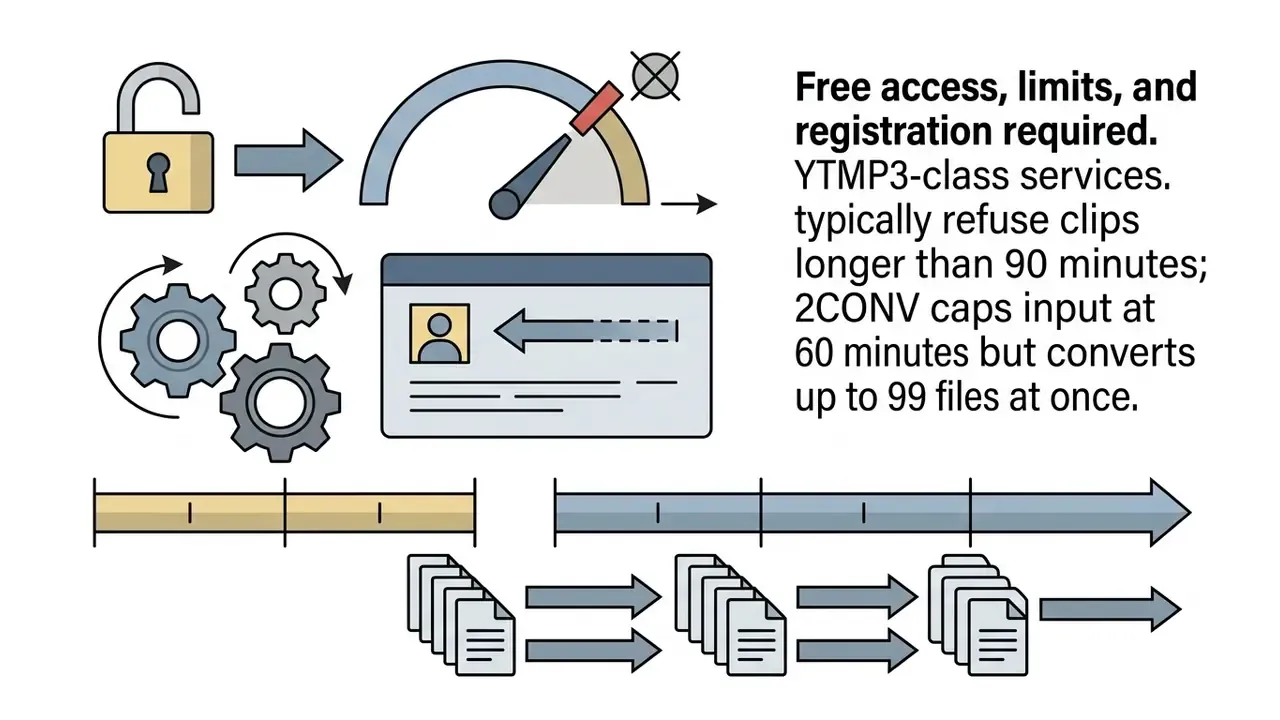 Icons of a lock, speedometer, gears, user profile, and timelines representing online video converter limits