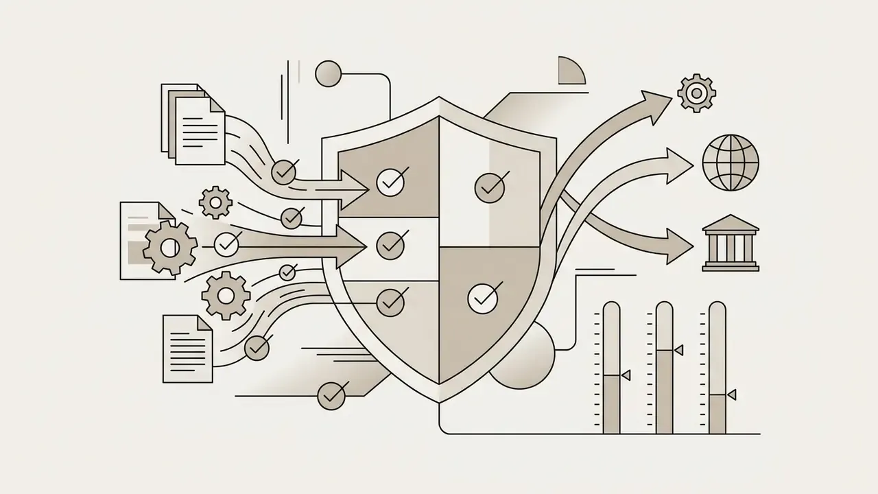 Documents and gears flowing into a central shield icon with checkmarks and outputting to global symbols