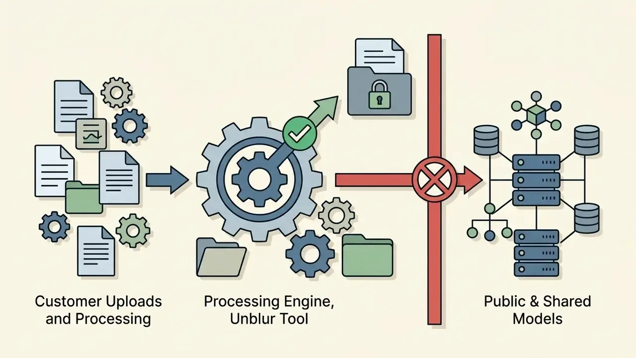Icons showing data flowing from user uploads through a processing engine and blocked from public models