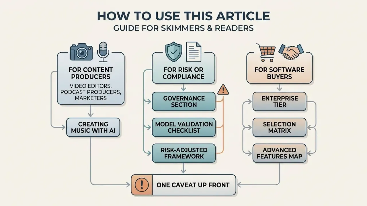 Decision tree diagram outlining suggested reading paths for content producers, risk teams, and software buyers
