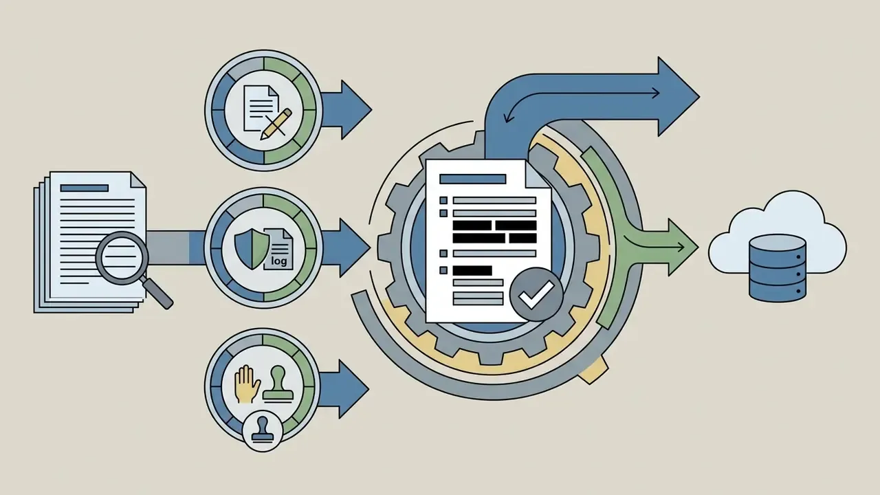 Documents passing through circular processing icons into a central gear mechanism before cloud storage
