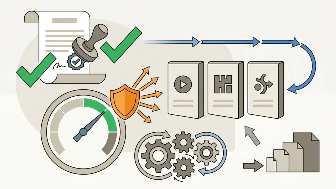 Document with a stamp and checkmarks linked to a shield icon, speed gauge, and media processing gears