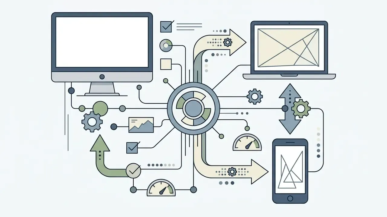 Desktop computer, laptop, and smartphone connected to a central hub representing cross-platform workflows