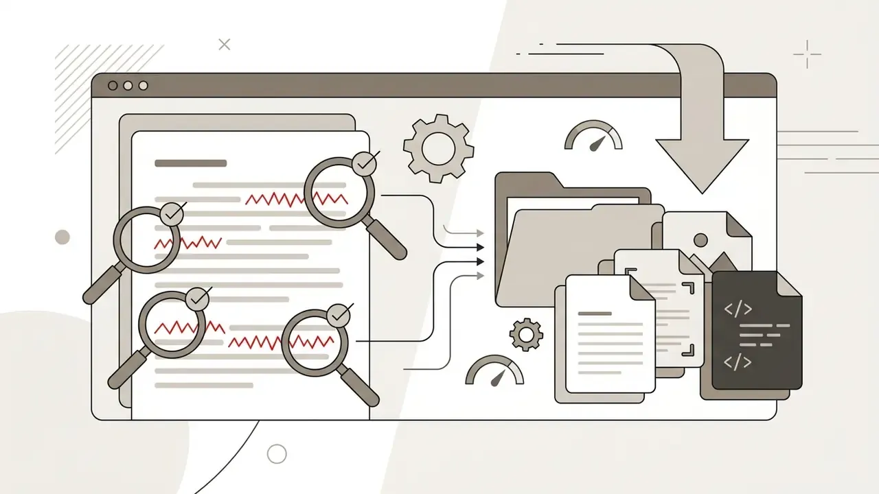 Magnifying glasses reviewing text documents that are converted into various file formats for download