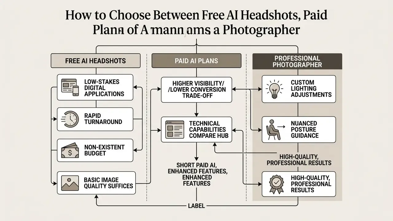 Comparative table outlining the benefits and use cases for free AI, paid AI, and professional photography