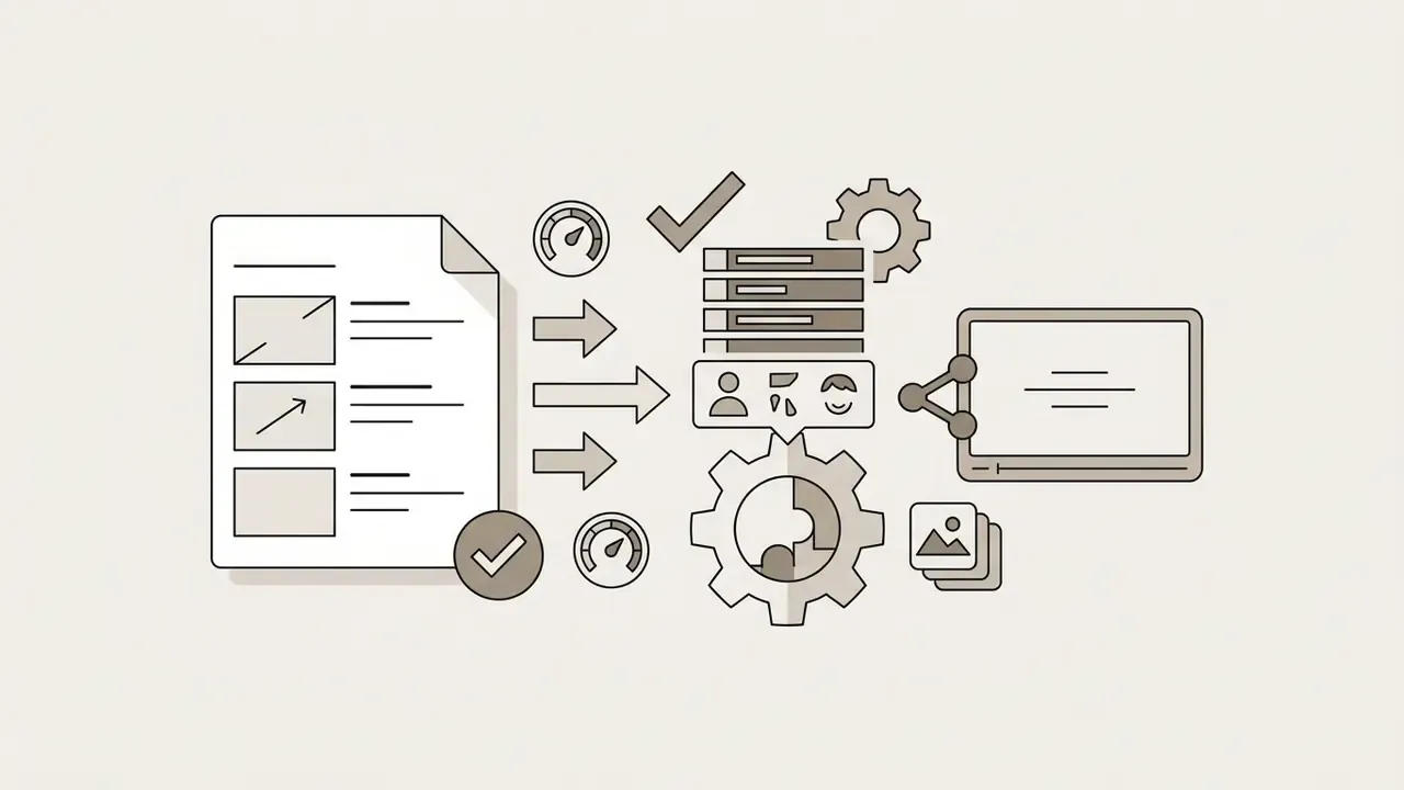 Document with charts and checkmarks flowing into a server and gear system connected to a video player