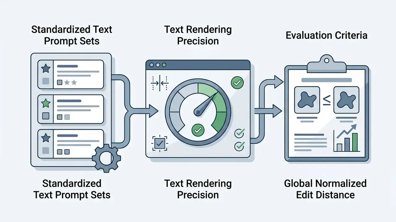 Three-stage process showing prompt sets feeding into a precision gauge and a clipboard evaluation report