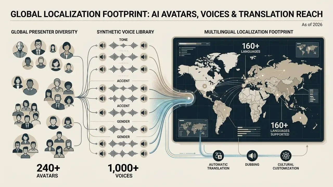 Infographic showing global presenter diversity, synthetic voice libraries, and multilingual reach