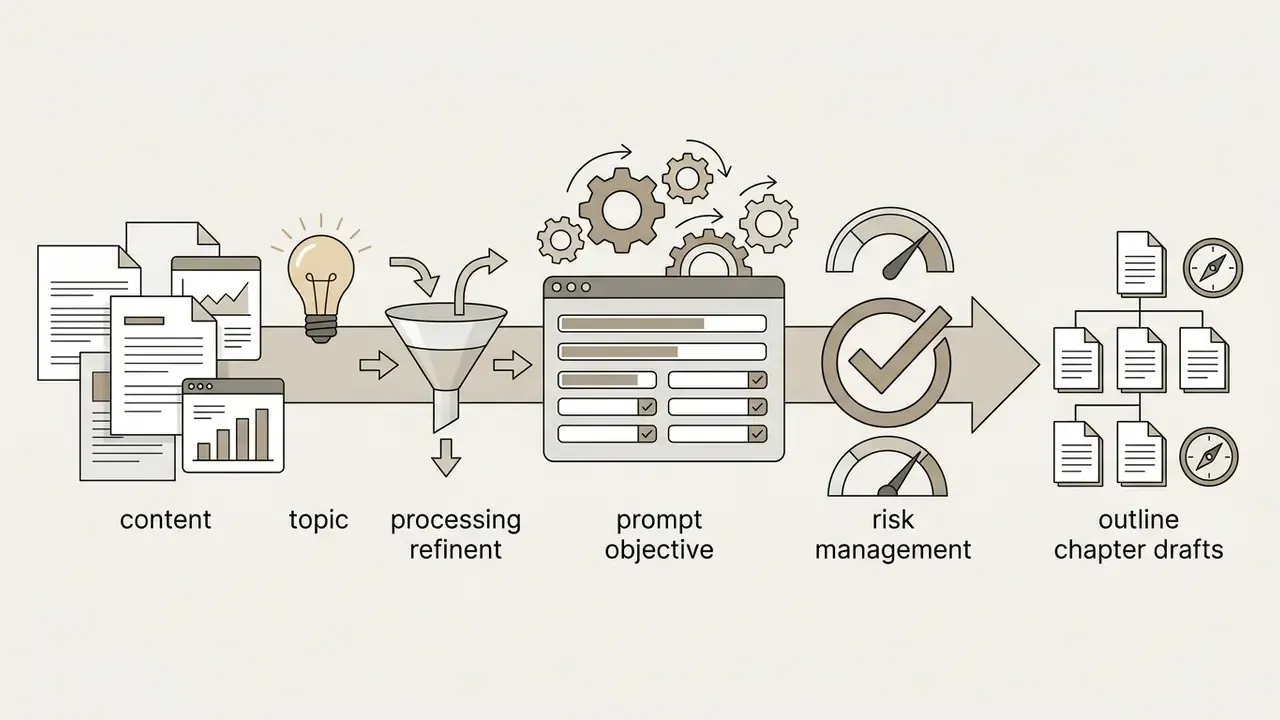 Documents and ideas funneling into a prompt objective interface with risk management and chapter outputs