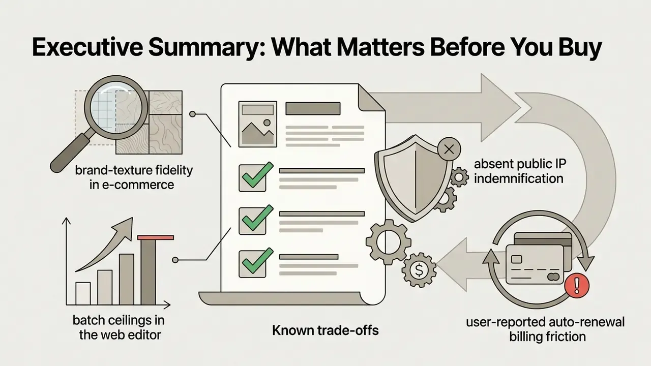 Icons representing trade-offs in texture fidelity, batch limits, IP rights, and billing processes
