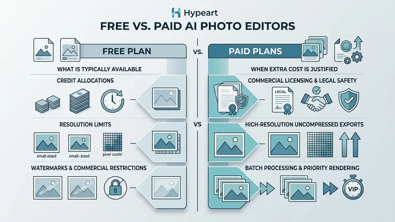 Comparison chart outlining key differences between free and paid AI photo editor subscription plans