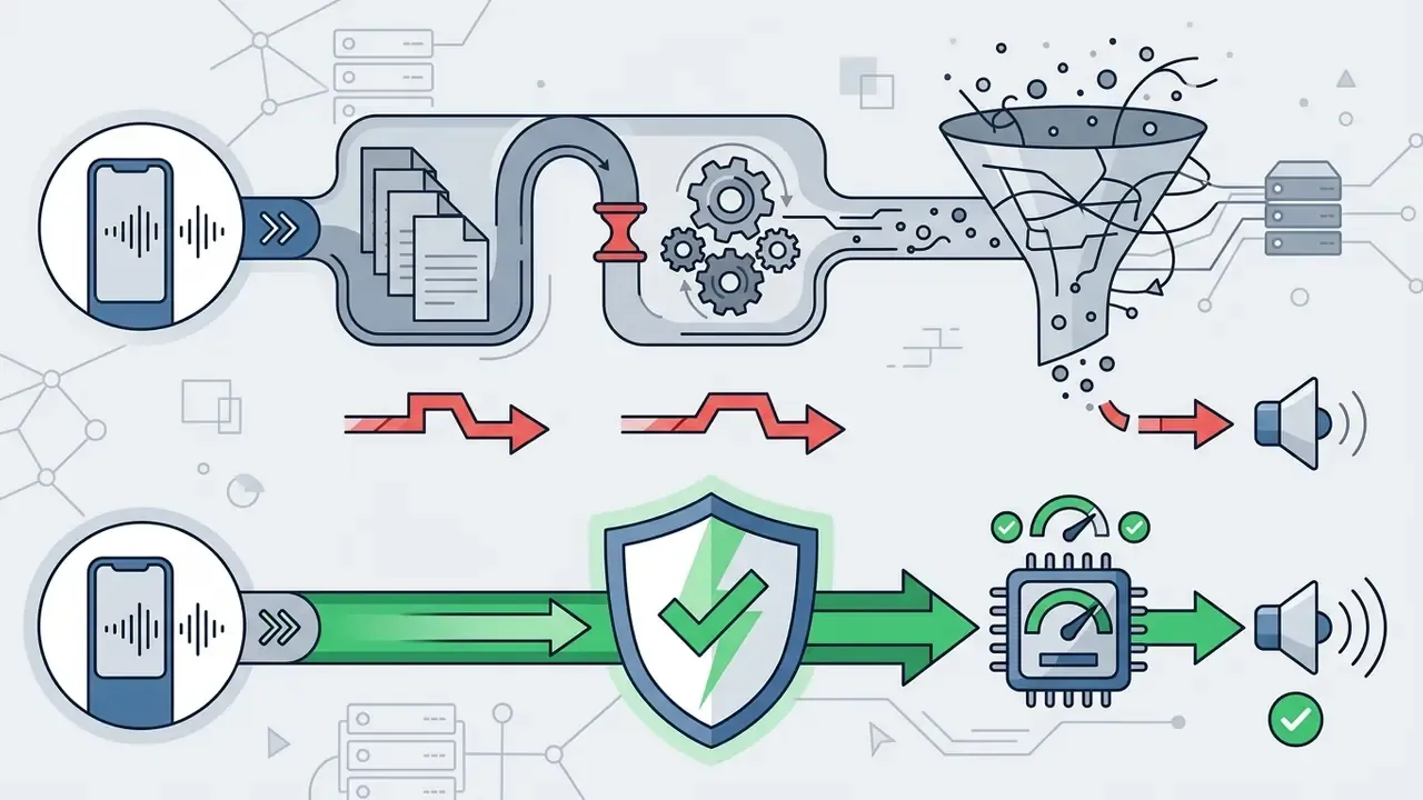 Data flowing through a congested funnel versus a prioritized path to generate synthetic audio output