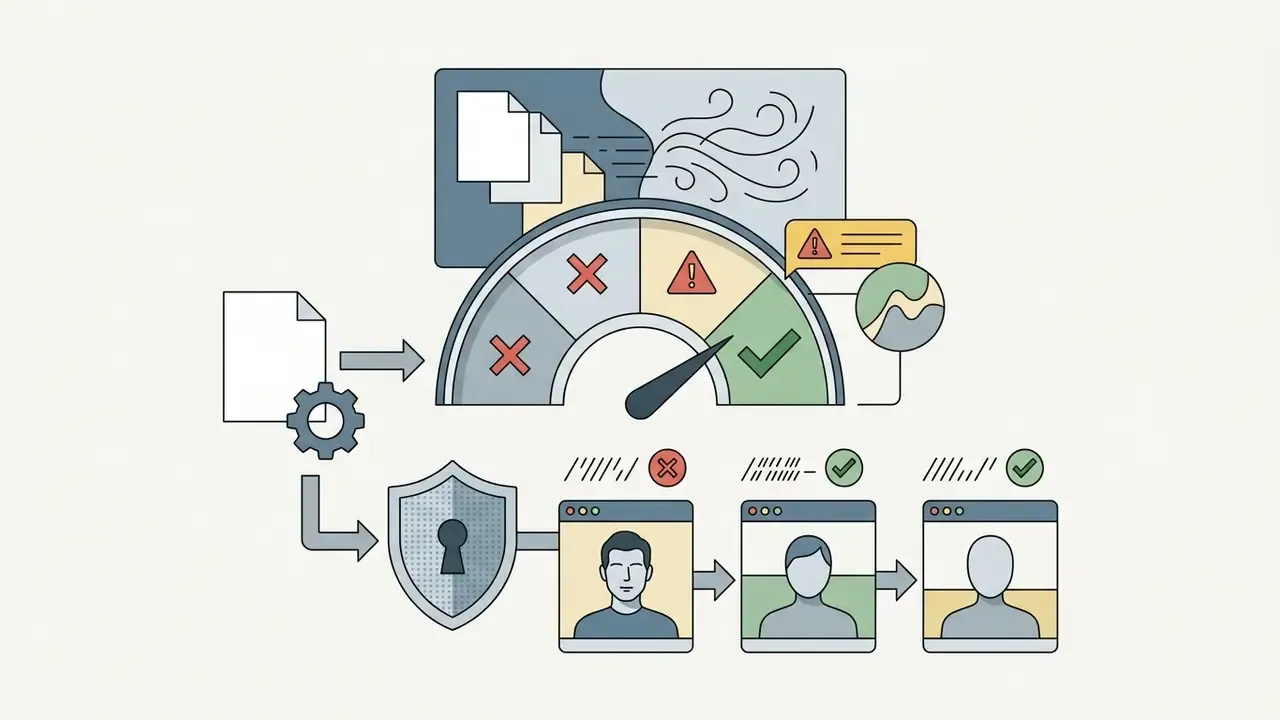 Document processing through a gear and gauge to filter portrait likenesses for compliance