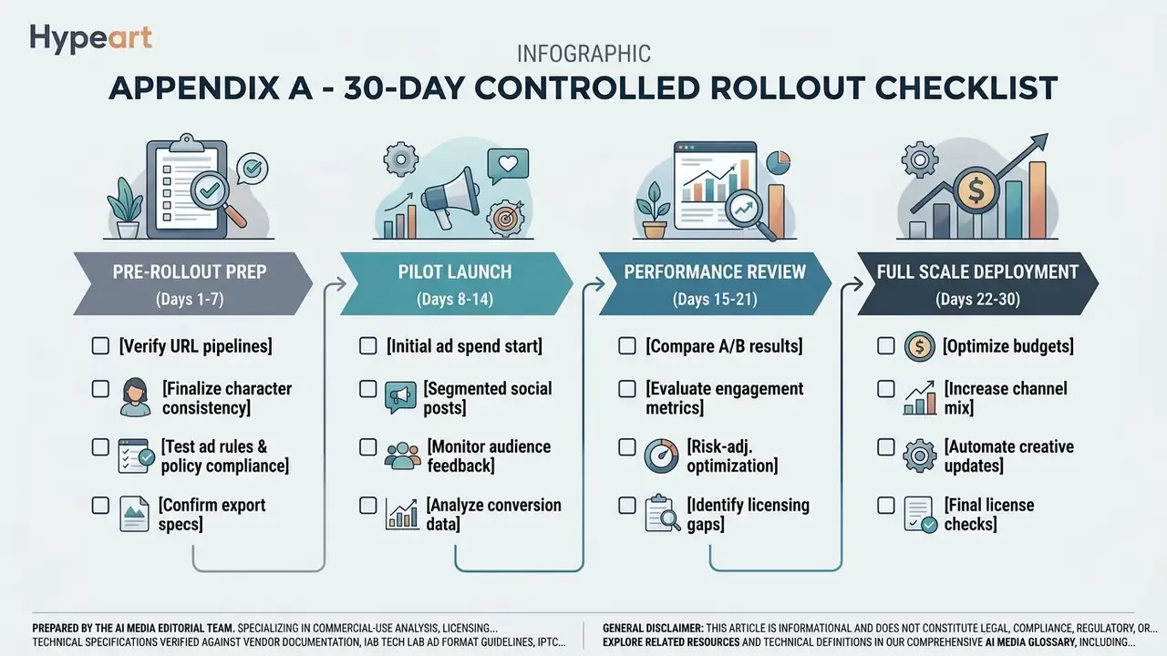Four-stage project timeline showing tasks for pre-rollout, pilot launch, performance review, and deployment